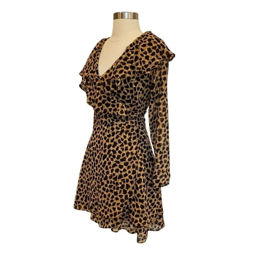 Free People Frenchie Leopard Print Georgette Mini Wrap Dress Boho Ruffle XS